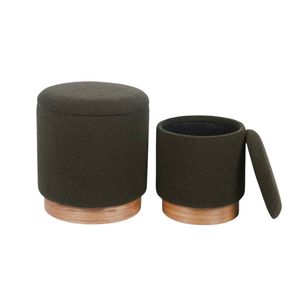 P&P Army Green Sherpa Storage Ottoman Wooden Base Compact Footrest Stool