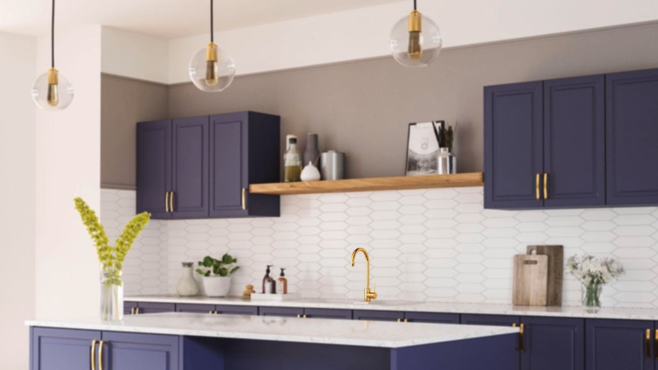 Blue kitchen with white countertop 