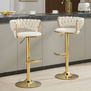 Homfurn Set of 2 Velvet Adjustable Swivel Barstools with Gloden Base