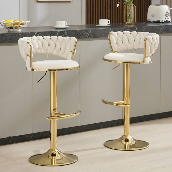 Homfurn Set of 2 Velvet Adjustable Swivel Barstools with Gloden Base