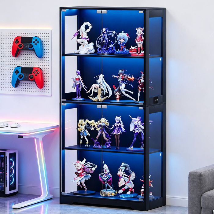 Ufurniture 160cm Display Cabinet with LED Light and Glass Doors 4-Tier Hallway Shelves Cabinet Bookshelf Storage Organizer Black