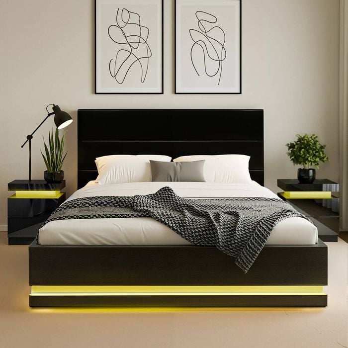 Artiss LED Queen Bed Frame with 2 Beside Tables Set 16 Colour Mood Lighting