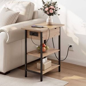 Homfurn Flip-top Side Table With Charging Station, 3-tier Bedside End Table With Hidden Storage & Usb Ports, 60cm Oak
