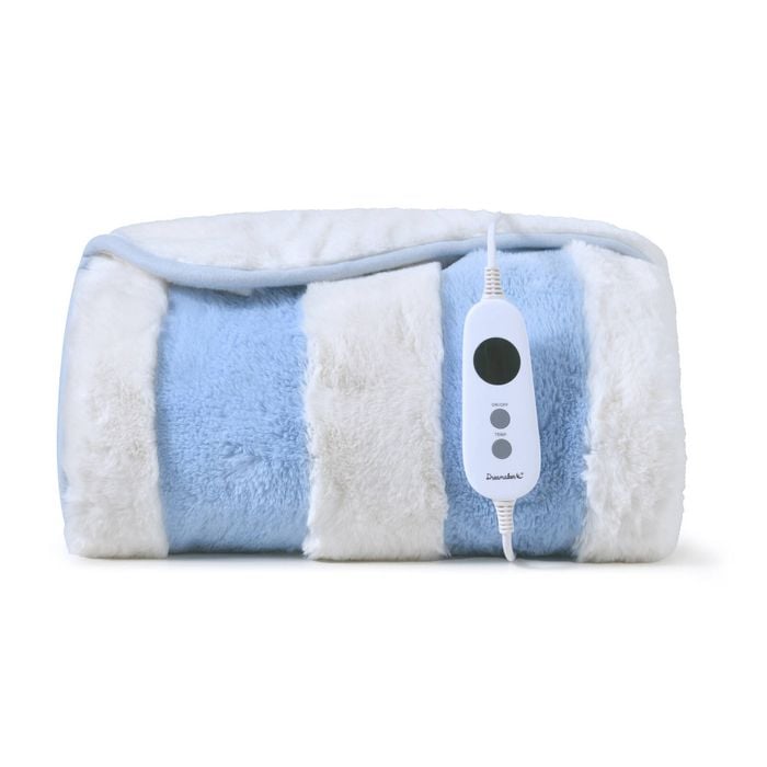 Dreamaker Denver Carved Stripe Premium Faux Fur Electric Heated Throw Blanket Sky 130x160cm | Overheat Protection & Washable