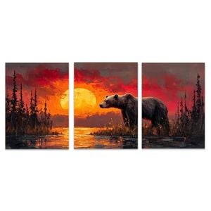 3pcs Grizzly Bear in Tundra Sunset Print 100% Australian Made 3 x 40x60cm (Metal Print)