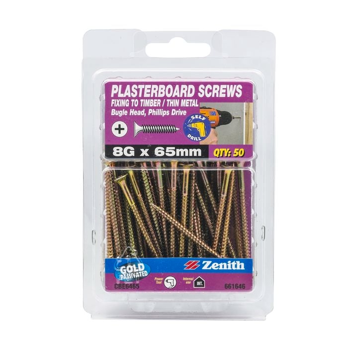 Zenith 8G x 65mm Gold Passivated Bugle Head Plasterboard Screws - 50 Pack