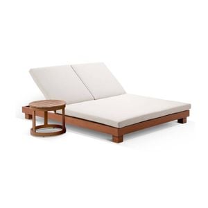 Santorini Double Sun Lounge Round Side Table Teak Look & Cream Cushions