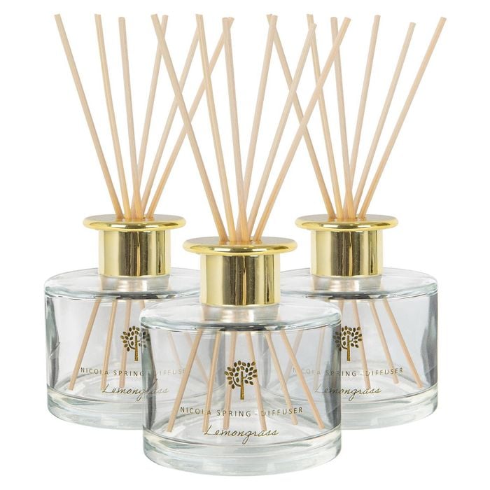 Glass Reed Diffusers - 200ml - Lemongrass - Pack of 3 Fruity Summer Fragrance with 6 Reeds Each Long Lasting