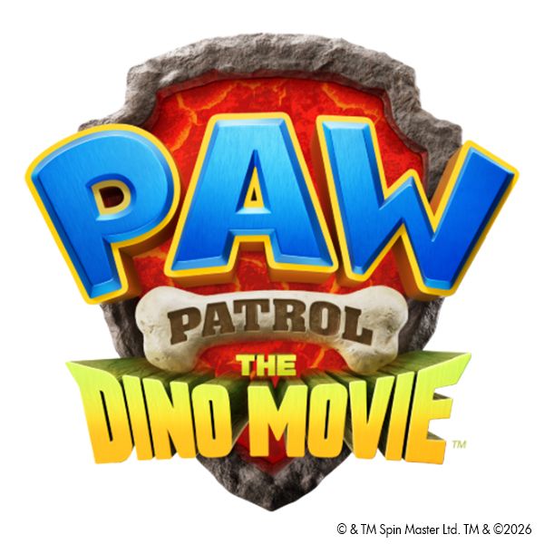 Paw Patrol: The Dino Movie logo featuring large blue 3D “PAW” lettering over a red dinosaur-themed shield with a stone border, a bone-shaped “PATROL” banner, and bold yellow-green “DINO MOVIE” text at the bottom.