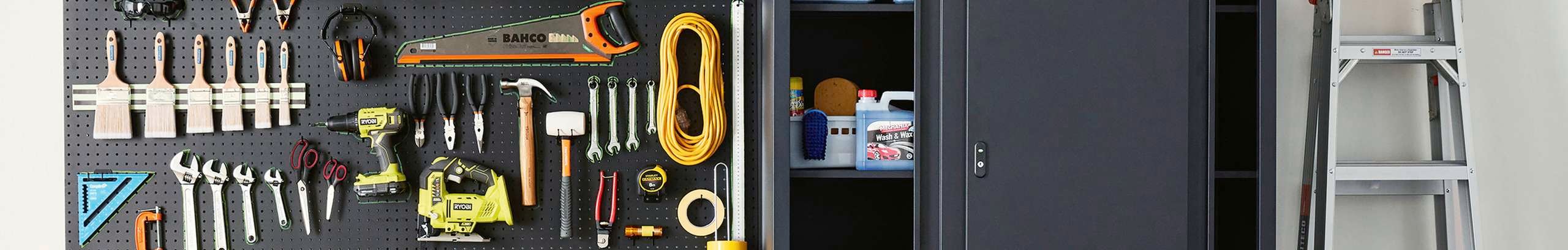 Garage hanging tool storage.
