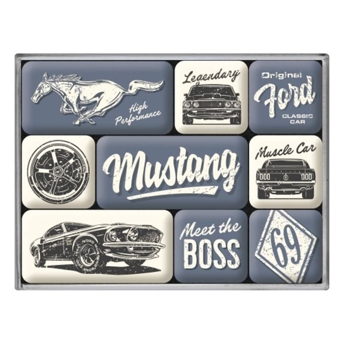9pc Nostalgic Art Ford Mustang The Boss 2.2cm/4.5cm Magnet Set Home Fridge Decor