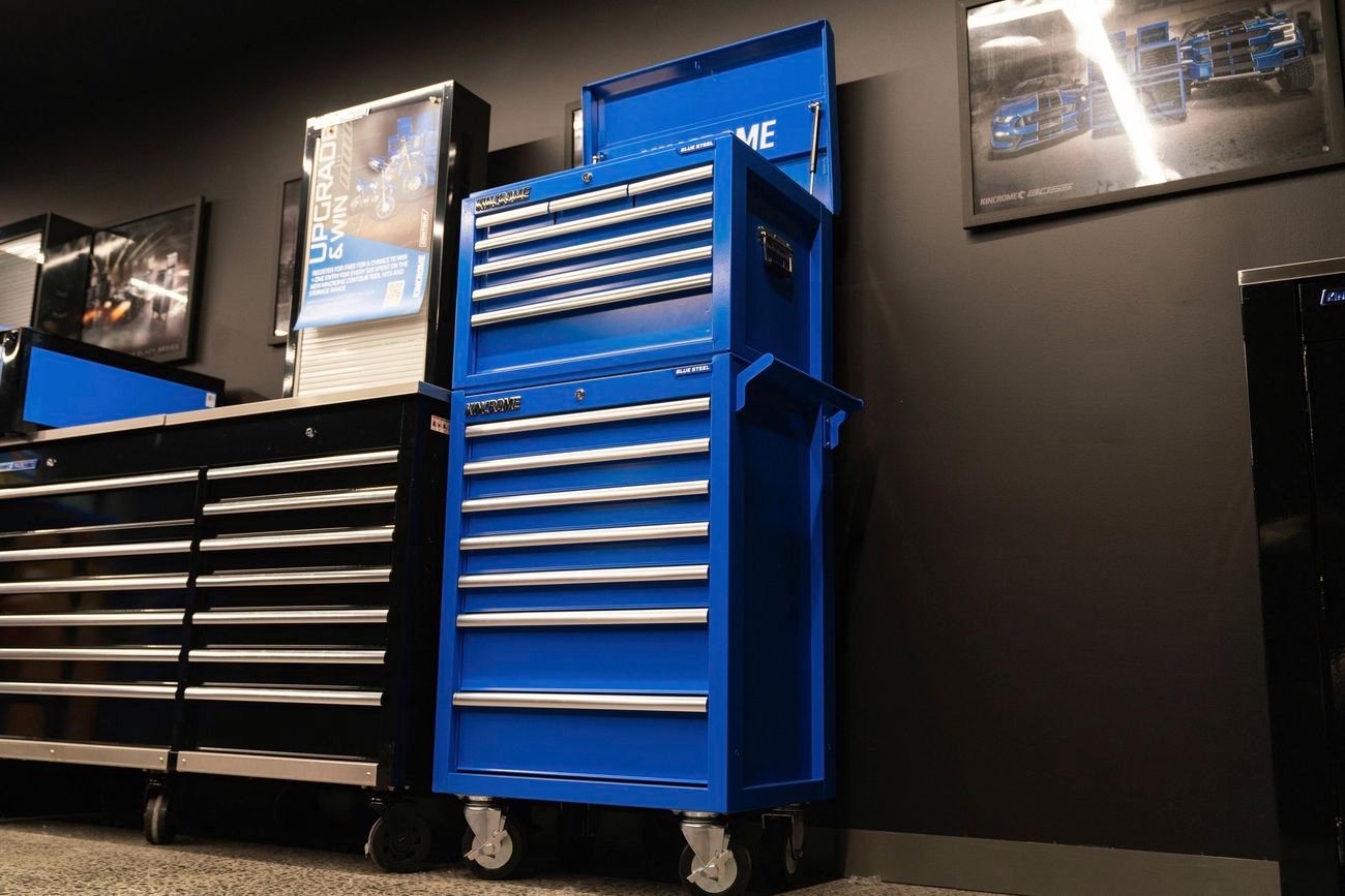 Blue kincrome steel tool storage unit on wheels