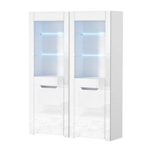 Oikiture 2x LED Display Cabinet Tall Sideboard Buffet High Gloss Cupboard White