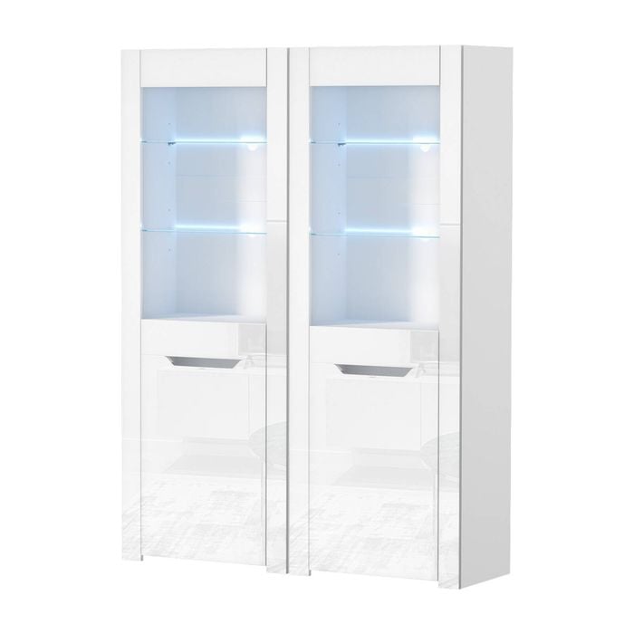 Oikiture 2x LED Display Cabinet Tall Sideboard Buffet High Gloss Cupboard White