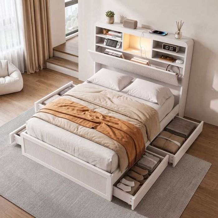 HOMFURN King Single Bed Frame with 4 Drawers, Storage Headboard, USB & Night Light, White Wood Finish