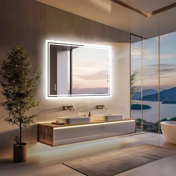 OAKORY 70x90cm Rectangular LED Bathroom Mirror Backlit Dimmable 3-Colour Light Anti-Fog Touch Control