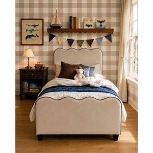 Hide & Seek Kids Polly Scalloped Upholstered Kids Bed - Cream, King Single