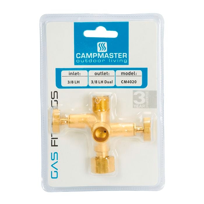 Campmaster Companion Outlets Gas Adaptor 3/8"LH(F) to Dual 3/8"LH(M)