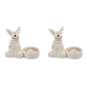2x Urban Cute Reindeer 9cm Ceramic Tealight Holder Candle Home Decor - White