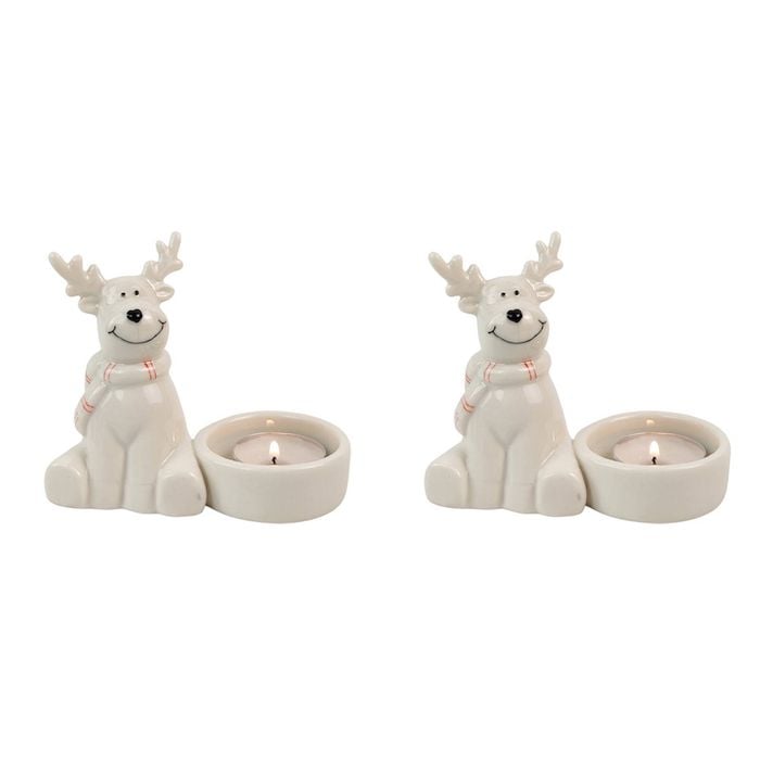 2x Urban Cute Reindeer 9cm Ceramic Tealight Holder Candle Home Decor - White