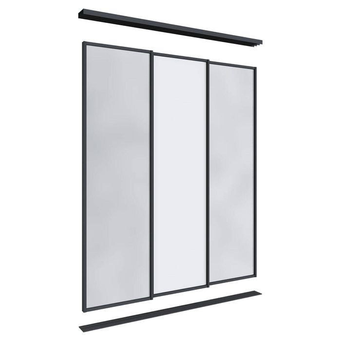 Lugna 2100 x 1800mm Black 2 Mirror 1 Melamine Wardrobe Triple Sliding Doors
