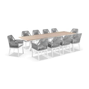 Kansas 3m Outdoor Teak Timber And Aluminium Dining Table White With 10 Hugo Chairs W/olefin Grey Cushions