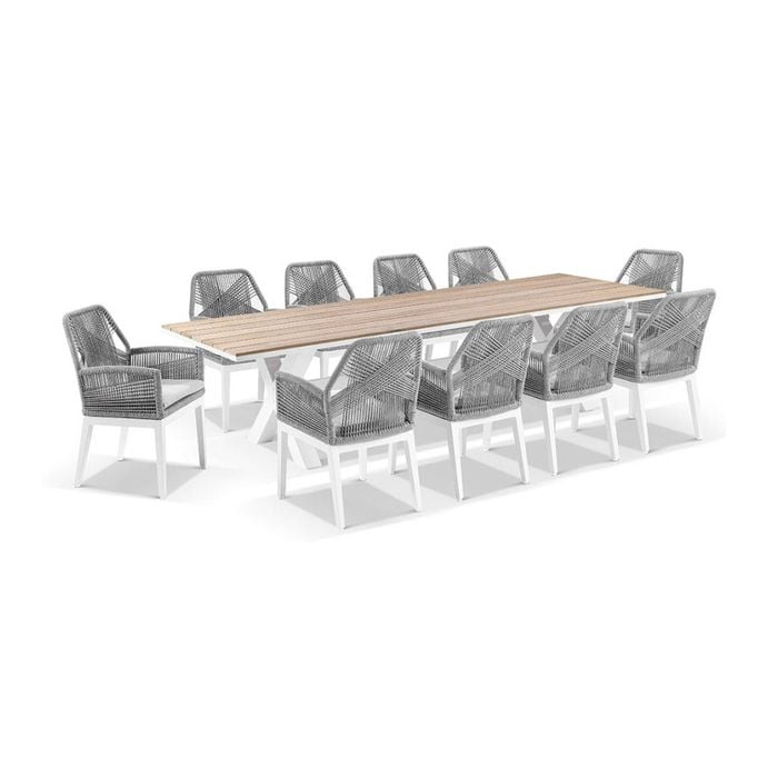 Kansas 3m Outdoor Teak Timber And Aluminium Dining Table White With 10 Hugo Chairs W/olefin Grey Cushions