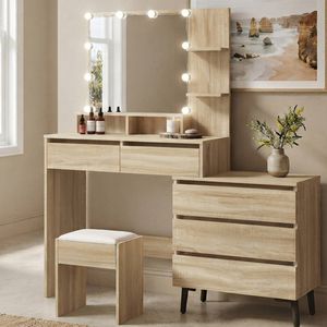 Oikiture Dressing Table Stool Set Makeup Mirror Cabinet Natural