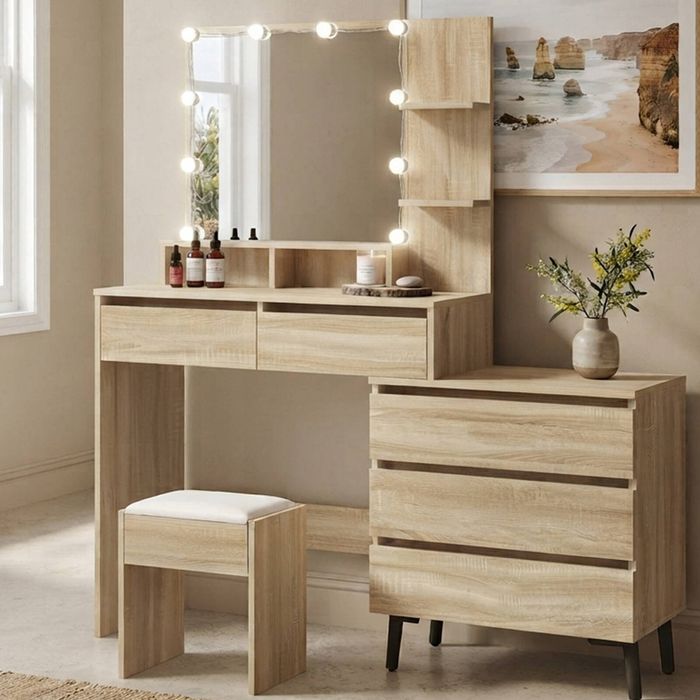 Oikiture Dressing Table Stool Set Makeup Mirror Cabinet Natural