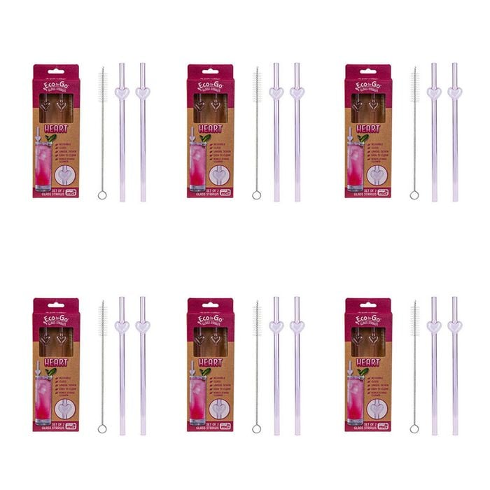 6x 2pc Eco-To-Go Glass Straw Heart Shaped Reusable with Cleaner Set