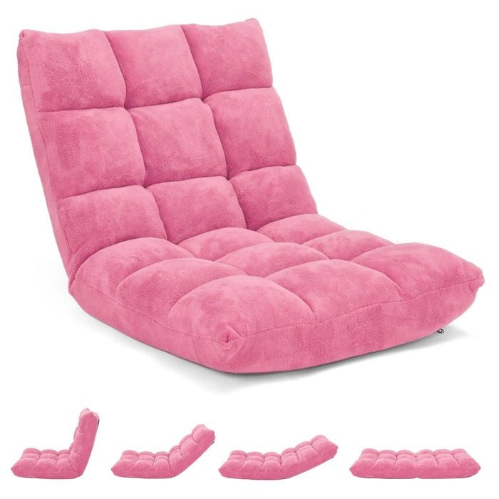 Costway Floor Chair Lazy Lounge Recliner w/14-Position Adjustable Back Home Office Pink