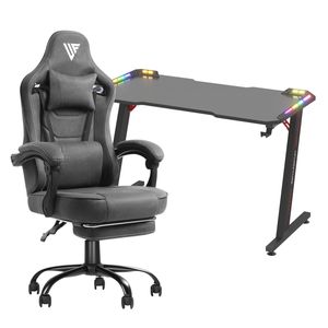 Advwin Gaming Office Desk 120cm LED Light & Gaming Chair with Footrest Fabric Gray