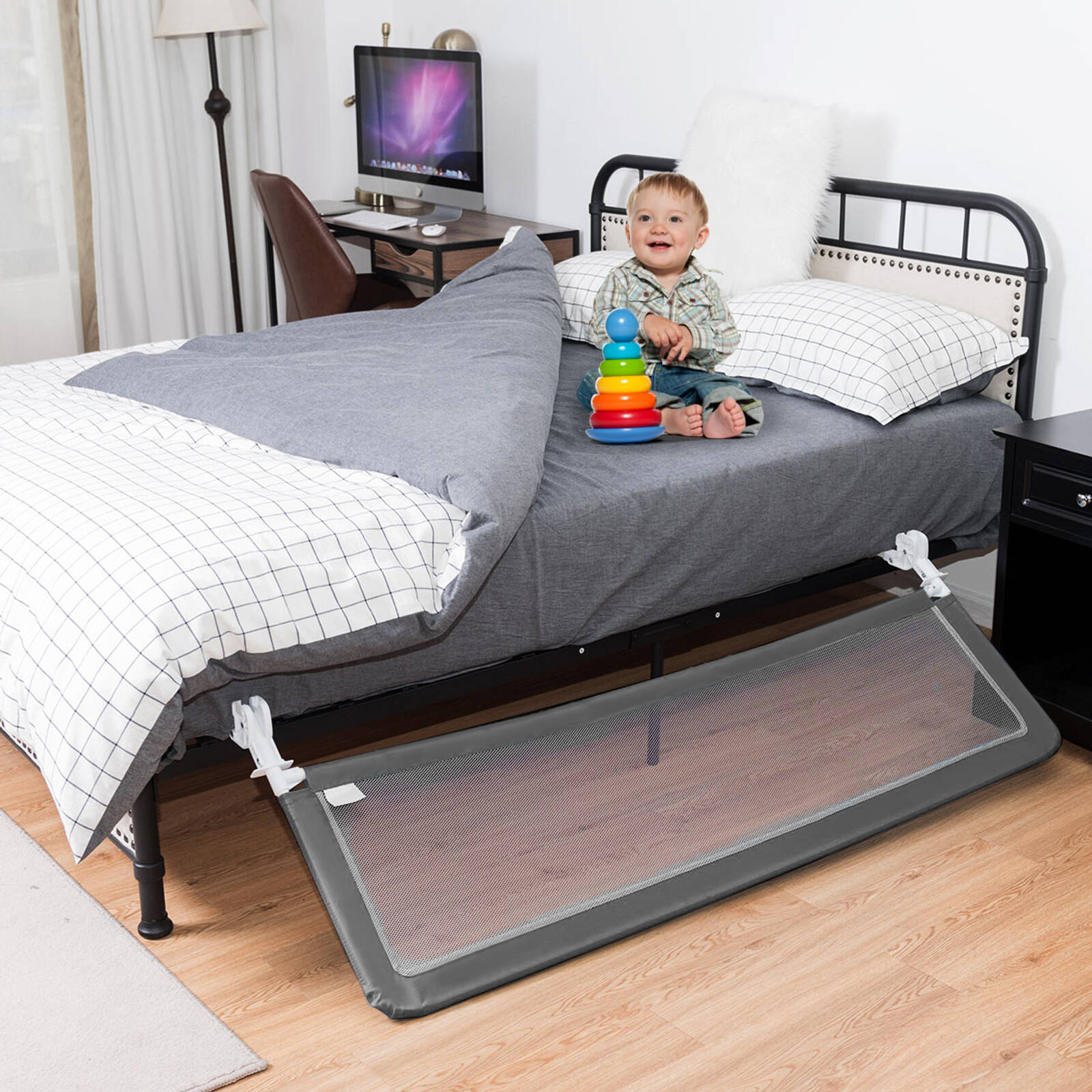 Costway Folding Baby Barriers Adjustable Safety Bed Rail Grey 150x55cm Bunnings Australia