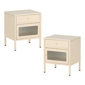 Familand Set of 2 Steel Side End Table Bedside Tables nightstand with Storage Drawer in Cream
