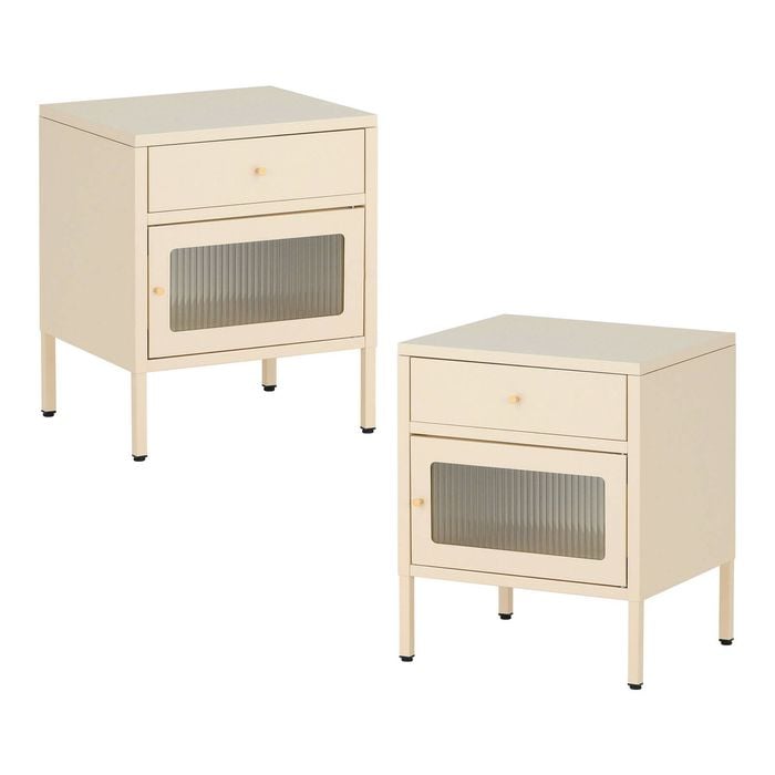 Familand Set of 2 Steel Side End Table Bedside Tables nightstand with Storage Drawer in Cream
