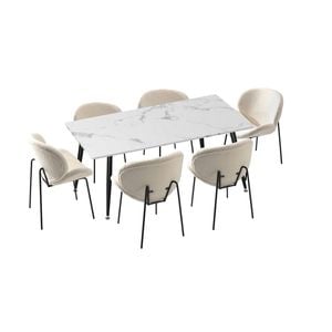 Oikiture 7PCS  Dining Set 120cm Rectangle Dining Table with Dining Chairs Sherpa White