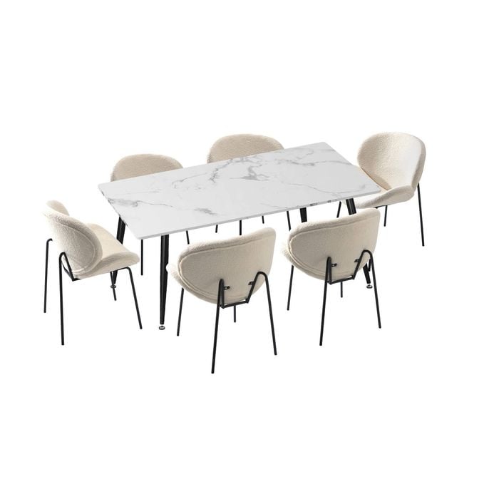 Oikiture 7PCS  Dining Set 120cm Rectangle Dining Table with Dining Chairs Sherpa White