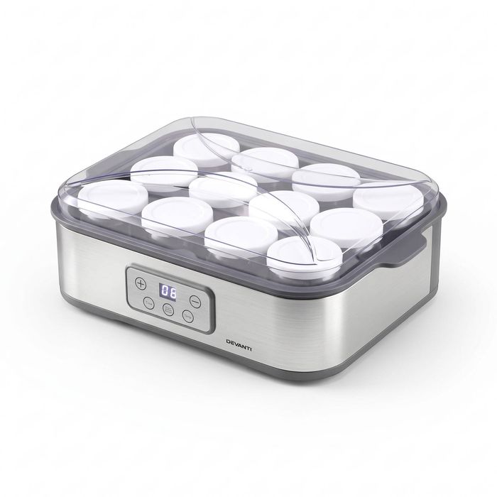 Devanti Yoghurt Maker Machine with 12x180ml Glass Cups Temp Control Grey