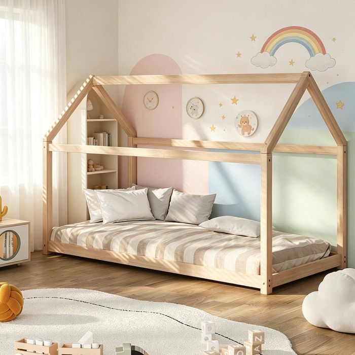 Oikiture Kids Wooden Bed Frame Single Wooden Pine Timber Platform