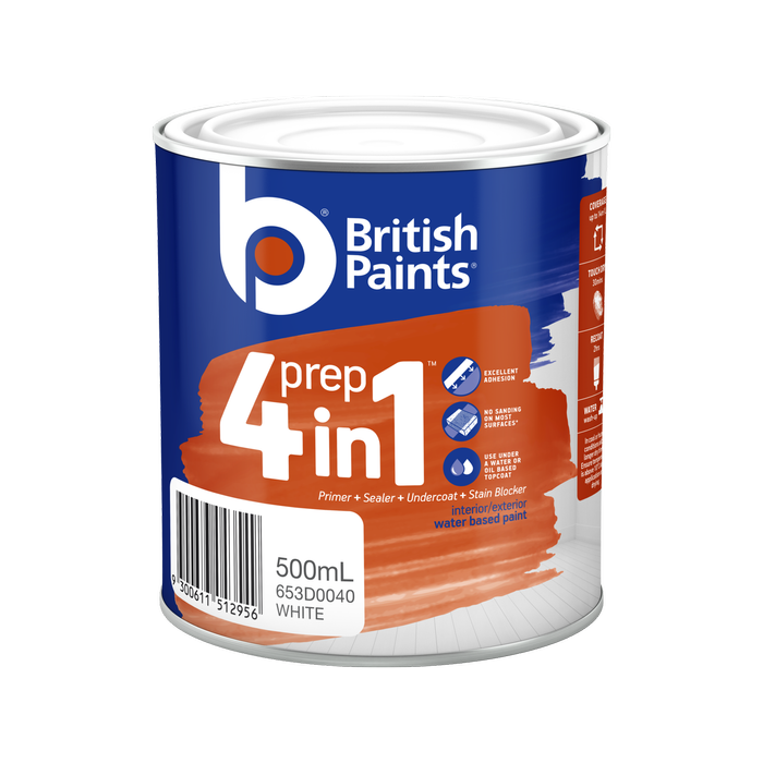 British Paints White 4 In 1 Prep Water Based Primer Sealer Undercoat - 500ml
