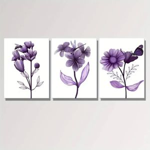 3pcs Transparent Floral with Butterfly Painting Print 100% Australian Made 3 x 40x60cm (Metal Print)