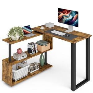 Ufurniture 360° Rotating Computer Desk L-Shaped Desk with Bookshelf Corner Desk Walnut