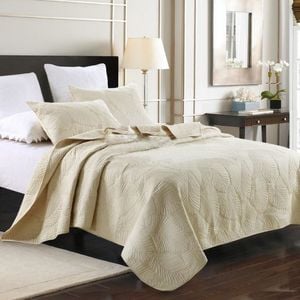 Quilted King/Super King Size Cotton Coverlet Bedspread Set Palm Leaves Cream