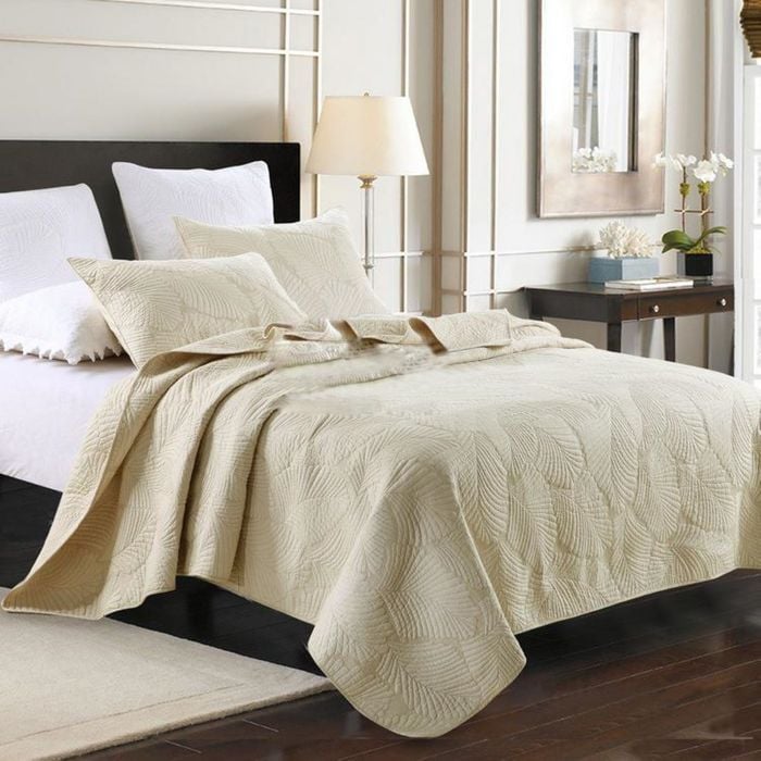 Quilted King/Super King Size Cotton Coverlet Bedspread Set Palm Leaves Cream