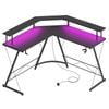 Advwin L Shaped Gaming Desk with LED Lights & Power Outlets Corner Computer Desk Black
