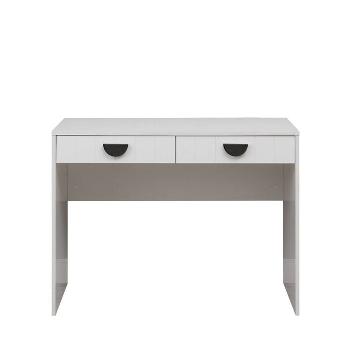 European Cabinetry White VJ Panel Half Moon Black Handles Odessa Desk