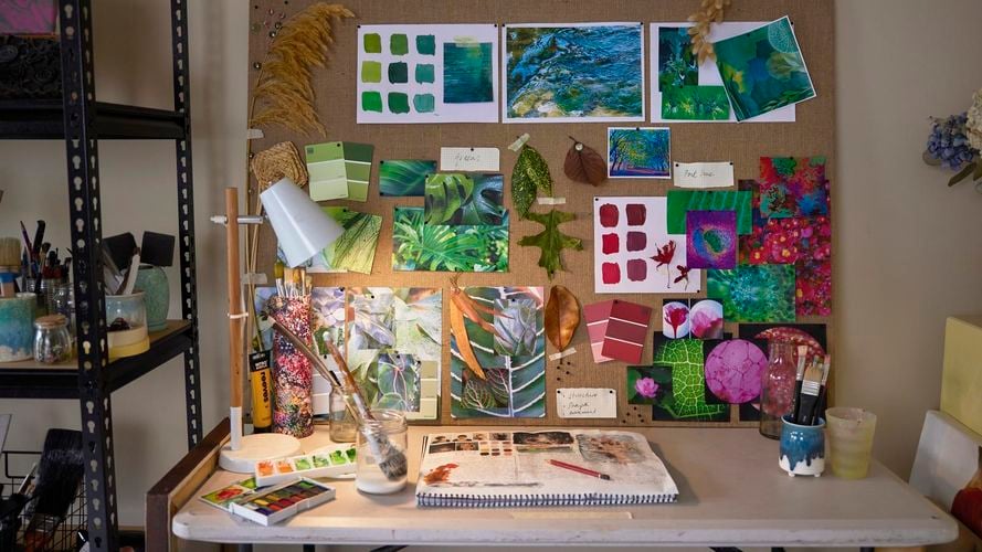 Mood board featuring plants, leaves and nature inspiration, images and colours