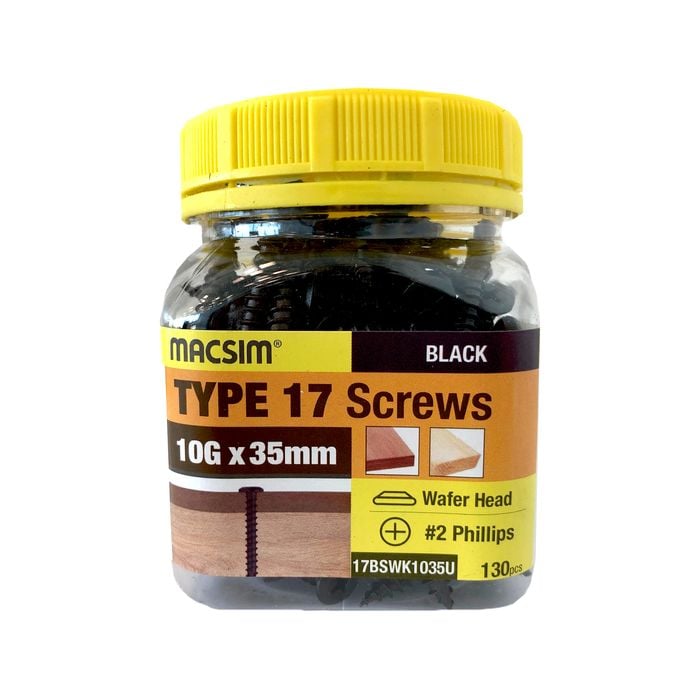 Macsim 10G x 35mm Black Type 17 Wafer Head Screws - 130 Pack 