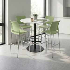 Olg Bar Leaner Bundle: Disc Base 1050mm Round Bar Leaner Black Frame White Top + 4 Game Plain Shell Barstools Pistachio