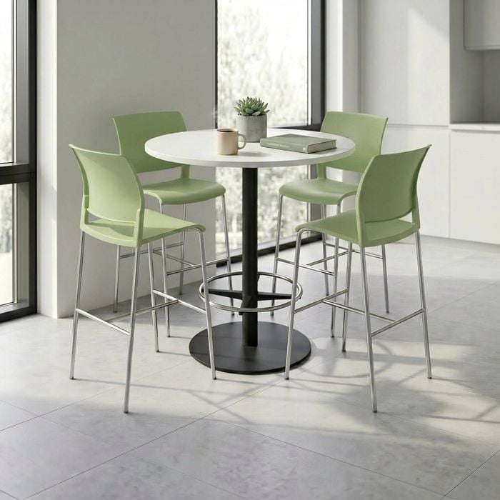 Olg Bar Leaner Bundle: Disc Base 1050mm Round Bar Leaner Black Frame White Top + 4 Game Plain Shell Barstools Pistachio